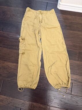 Wide-Leg Drawstring Cargo Jumpsuit Pants - Mustard